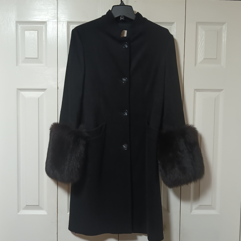 Abaete Black Pea Coat with Fur Cuffs